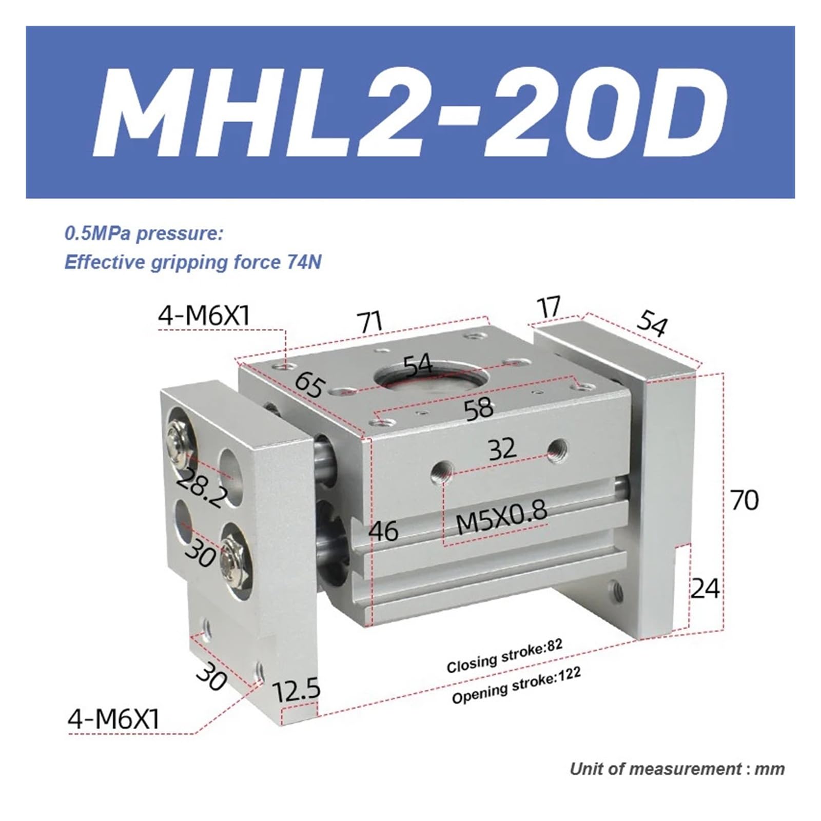 Aluminiumlegierung MHL2 Doppeltwirkend Pneumatischer Greifer T-Typ Luftzylindergreifer 10 MM 16 MM 20 MM 25 MM Mit schneller Reaktion und flexibler Steuerung(MHL2-20D)