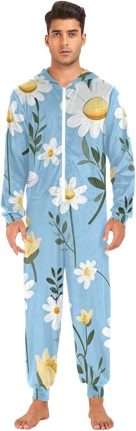 GAIREG Bee with Daisy Flowers Men Women One-Piece Costumes Sleepwear, Zipper Christmas Pajama Onesie for Adults