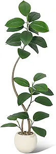 5FT Artificial Plant Rubber Tree with Off White Sphere Resin Planter & Stone Faux Fiddle Leaf Fig Tree Indoor Artificial Tree Tall Plant Fake Tree Tropical Large Floor Tree Real Touch for Home Decor