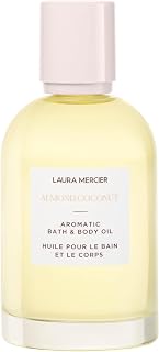 Laura Mercier aromatic bath and body oil, 48-hour hydration, smoothes, softens and brightens the skin, luxurious, almond coconut"