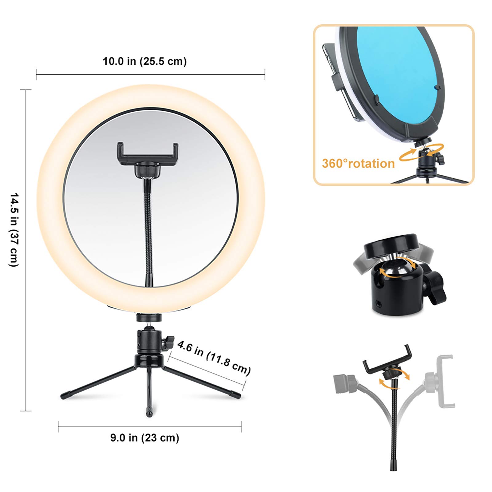 10" Light Ring Selfie con Regolabile Basamento del treppiedi e Supporto del Telefono, Oscurabile Cerchio di Luce con Specchio per Il Trucco in Diretta di Youtube Video e la Fotografia