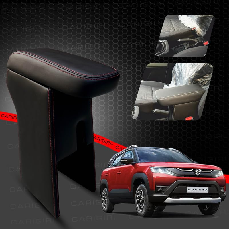Image of Carigiri Premium Finish Car Armrest with Storage Box And High Density Moulded Foam For Maruti Suzuki New Vitara Brezza (Models-2022-2024) (Black With Red Double Stitching,Nappa Leatherette)