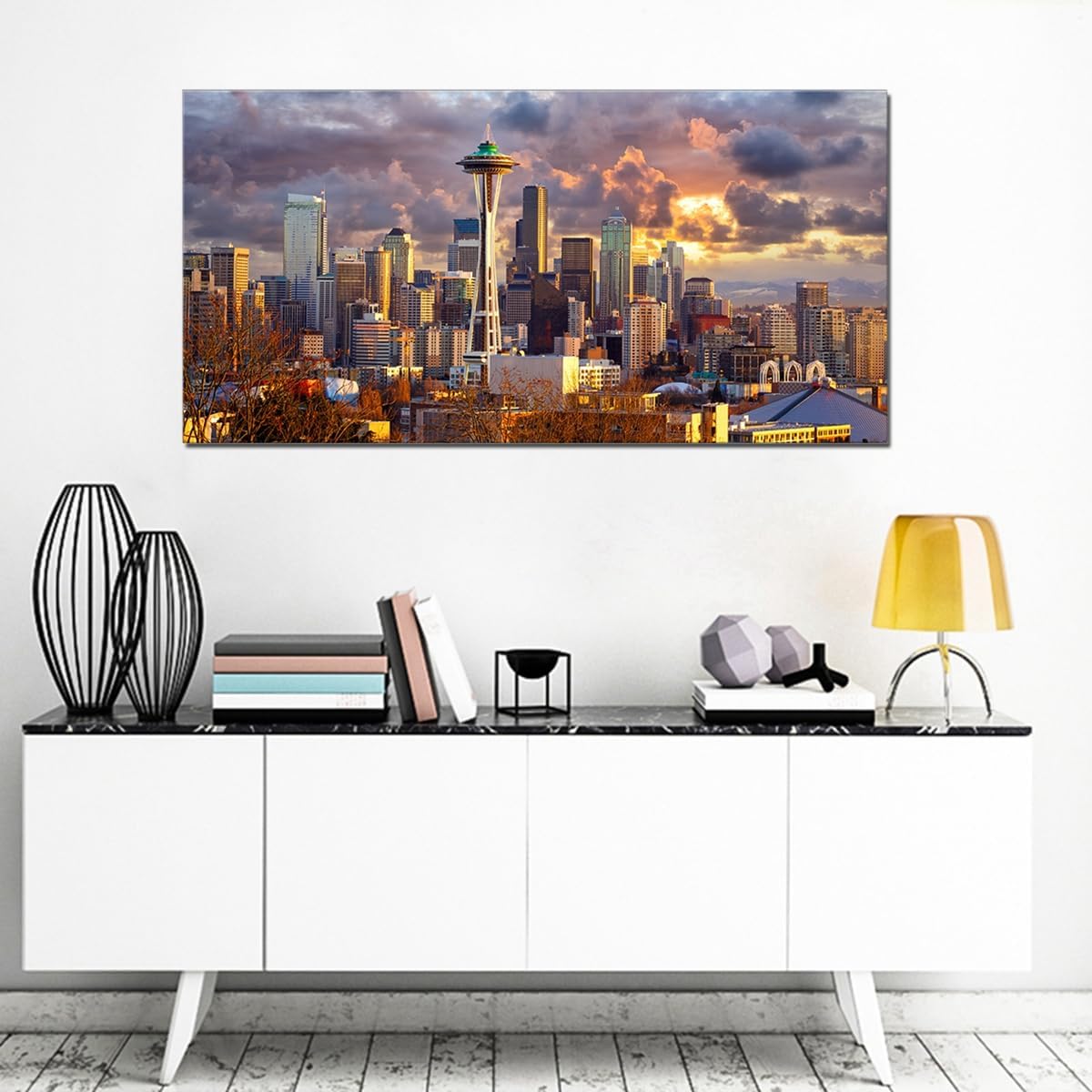 JXBYJP Large Seattle Skyline Wall Art Sunset Landscape Artwork Bedroom Living Room City Canvas Print Building Metropolis for Home Office Cityscape Wall Decor Frame 20x40inch