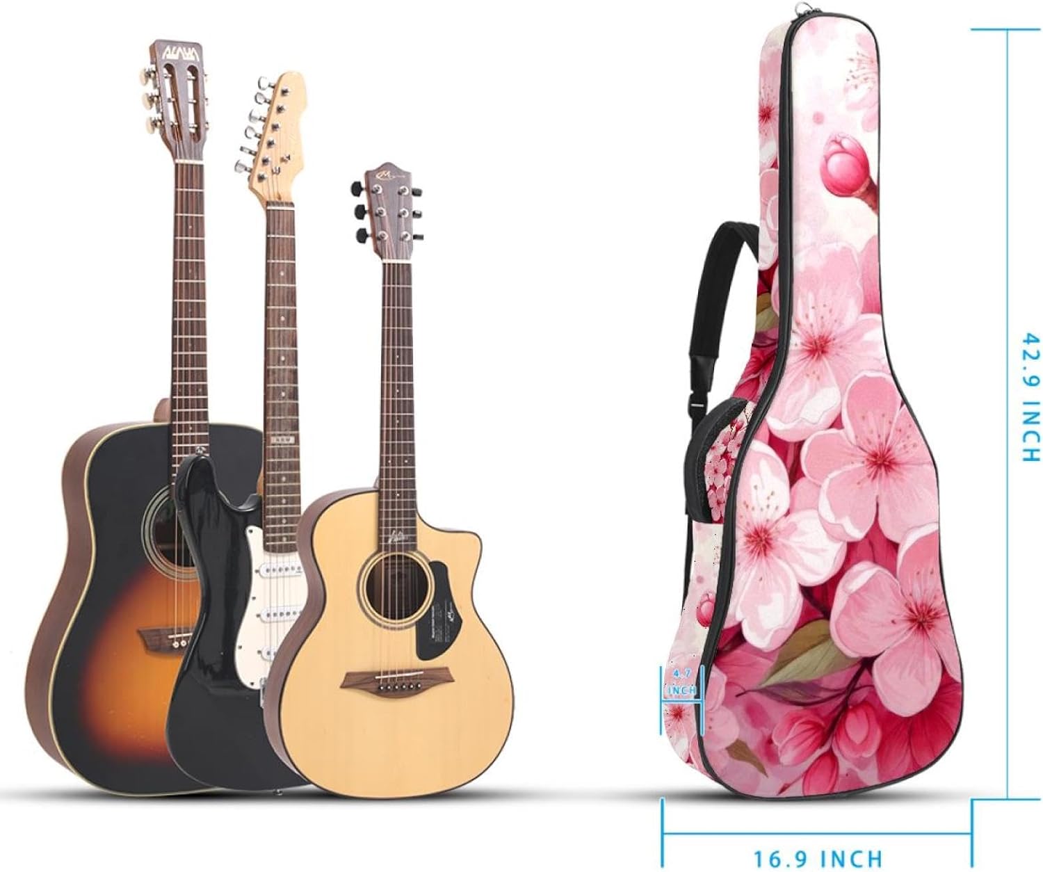 40 41 42 Inch Guitar Bags, Waterproof Padded Acoustic Guitar Case Backpack with Adjustable Shoulder Strap & Pockets, Pink Cherry Blossoms Pattern