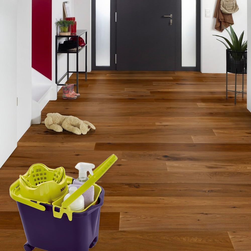 Cubo para fregona con Porta Productos de Limpieza, con escurridor y Ruedas integradas, de Poliuretano, 38,2 x 25,5 x 39,5 cm, Negro y Verde, 14 l