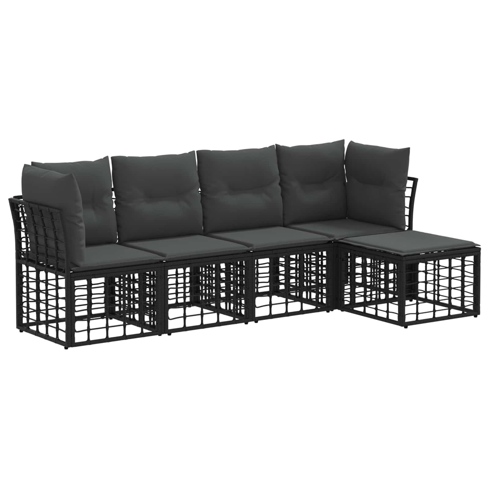 Set di divani da giardino modulari in polyrattan a 5 posti, colore: nero | Set di mobili flessibili per terrazza e balcone con elementi regolabili e imbottiture morbide.