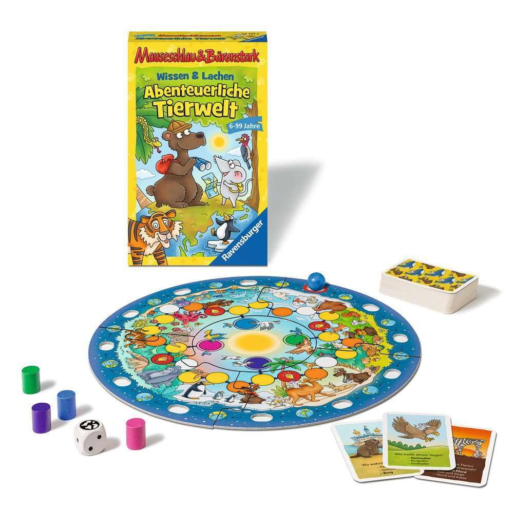 Ravensburger 20737 - Wissen und Lachen-Abenteuerliche Tierwelt, Mauseschlau & Bärenstark für Kinder, Kinderspiel für 2-4 Spieler, Quiz ab 6 Jahren
