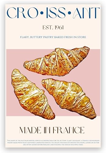 JYzymuth Póster vintage de croissant de Francia para cocina, lienzo impreso en lienzo retro para comedor, decoración de pared para el hogar,