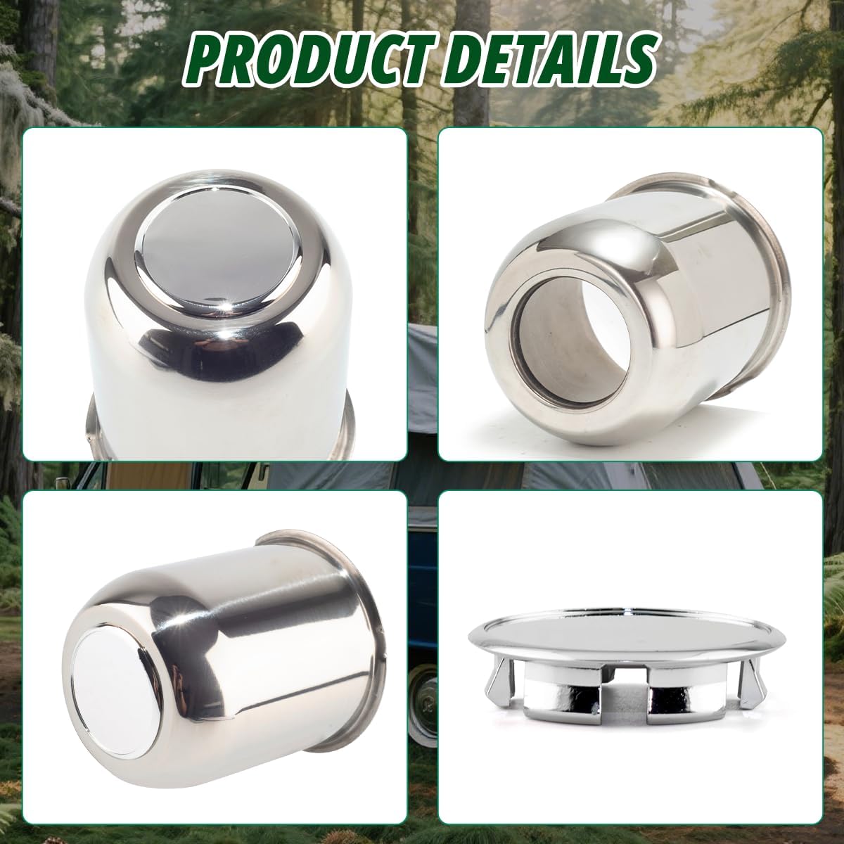 4 Pcs 3.74" Push Through Wheel Center Caps for Truck Trailer RV - Top Plug removes Stainless Steel Hub Caps (Fits 3.74" Bore, 4.33" Tall, Chrome)