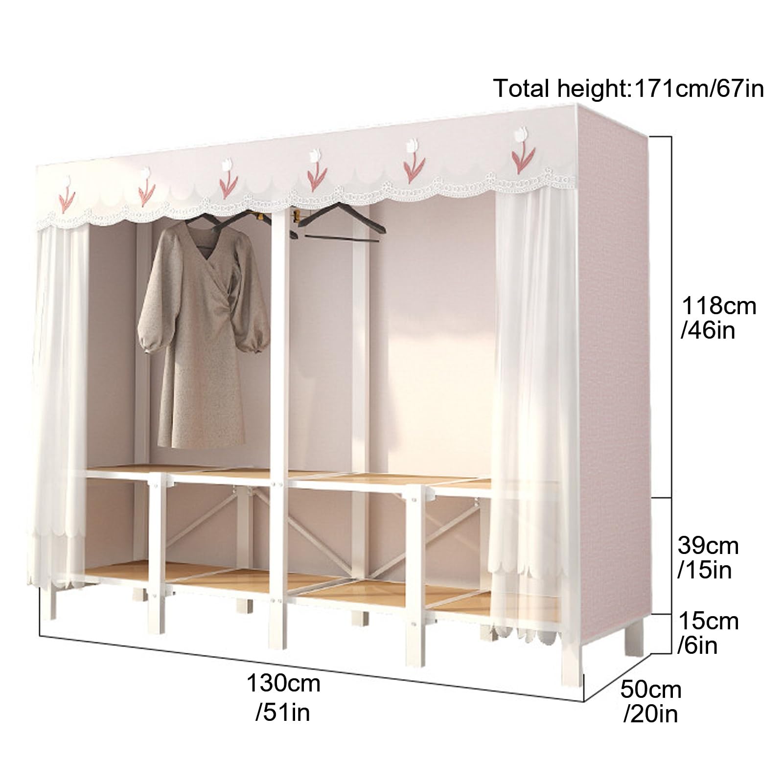 Tragbarer Stoff Kleiderschrank, Faltschrank mit Abdeckung, 500 kg Tragfähigkeit, Stoffschrank mit Regalen, für Modulare Kleiderschranksysteme(130cm/51in)