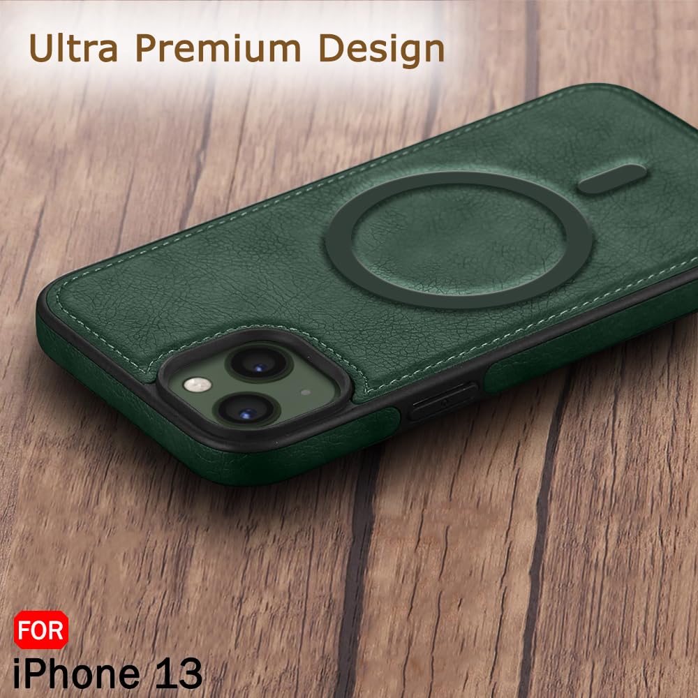 TheGiftKart Genuine Leather Finish Back Cover Case for iPhone 13 | Shockproof Design | Raised Edges for Camera & Screen Protection | Stunning Minimalist Design Case Cover (MagSafe Compatible, Green) — Amazon image 4