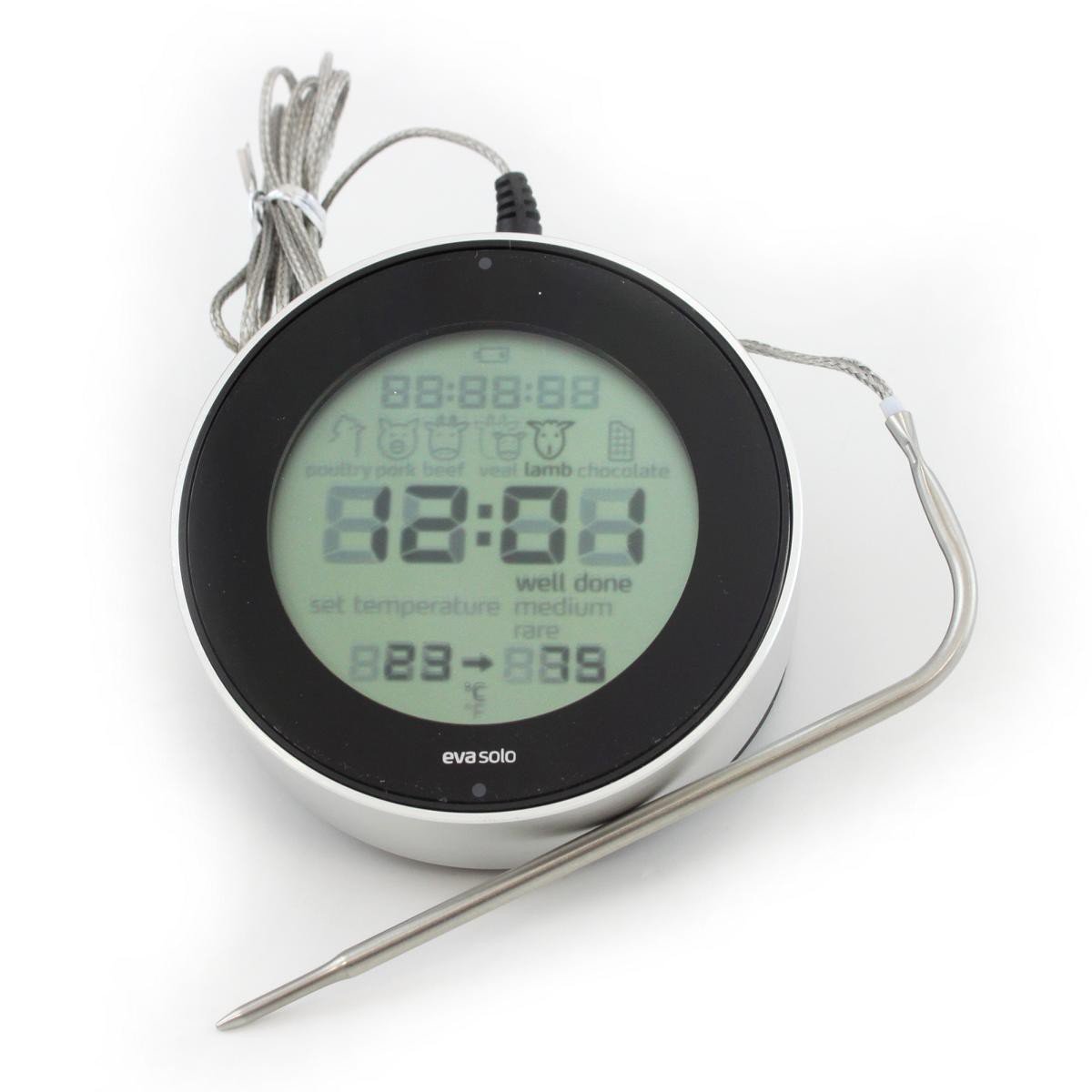EVA SOLO | Cook 'N Time Bratenthermomet | 3-in-1-Küchenhelfer: digitales Bratenthermometer mit Spieß, Timer und Uhr | Küchenwagen & Thermometer