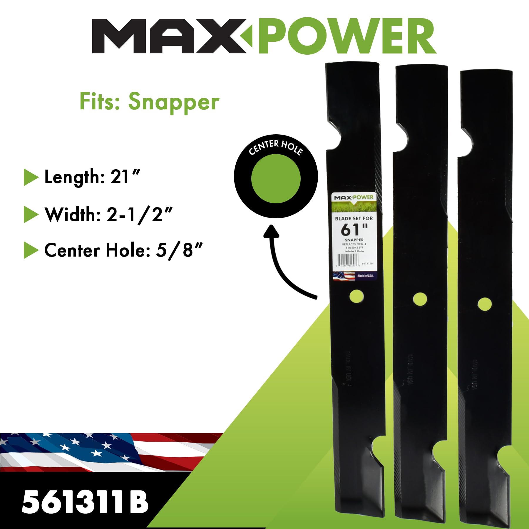 Maxpower 561311B - Juego de 3 Cuchillas para cortacésped de Corte Scag, Snapper y Husqvarna, reemplaza OEM # 5208425, 5020842, 5101755, 539-105711