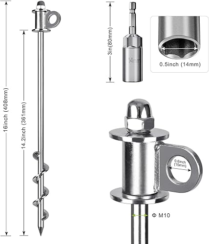Miniatura 7 de Lifeswell Paquete de 4 estacas para tienda, anclajes de tierra resistentes de 16 pulgadas, soldadura completa, fáciles de atornillar y
