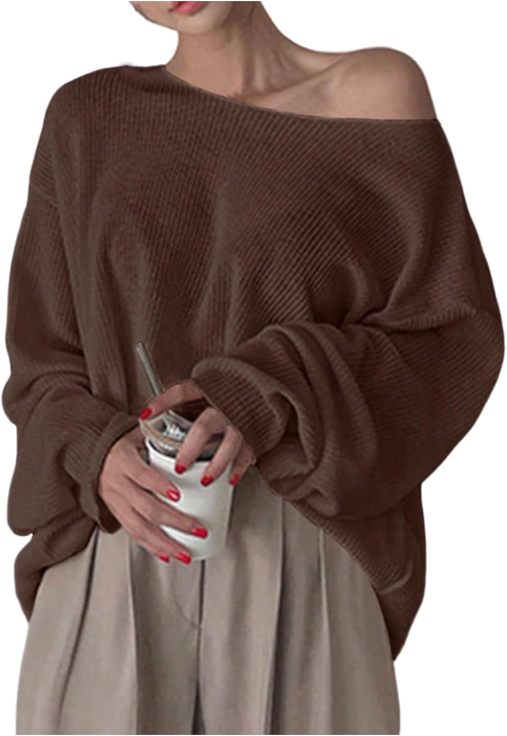 Women's Oversized Sweaters Off The Shoulder Waffle Knit Tops Long Sleeve Pullover Jumper