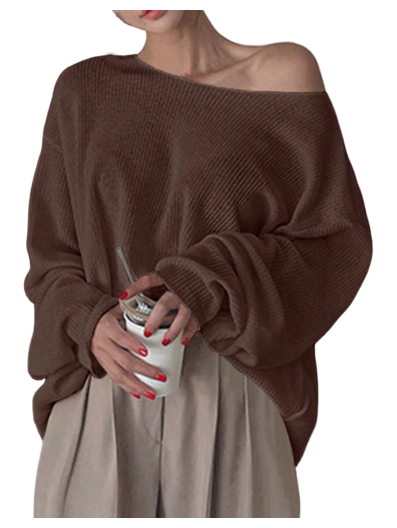 Womens Oversized Sweaters Off The Shoulder Waffle Knit Tops Long Sleeve Pullover Jumper