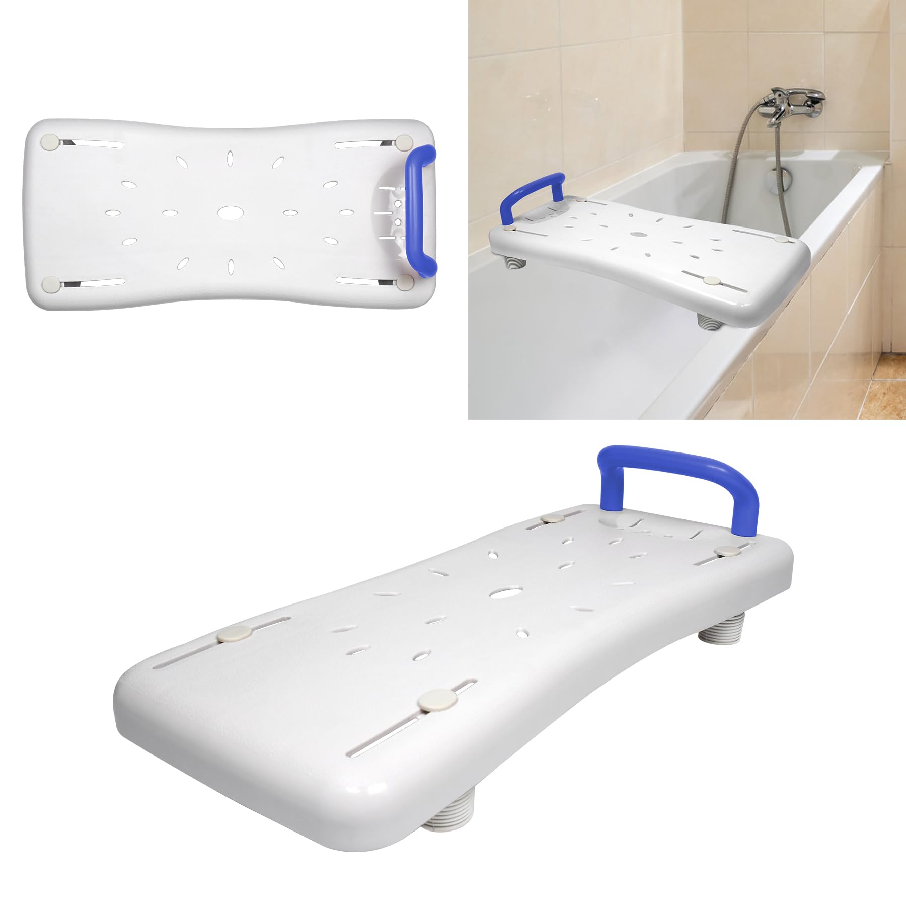 Froadp 70 x 31 x 5 cm, sedile per vasca da bagno con manico blu, per sedersi, in PP, per adulti, anziani, donne incinte, 41 – 63 cm, distanza regolabile