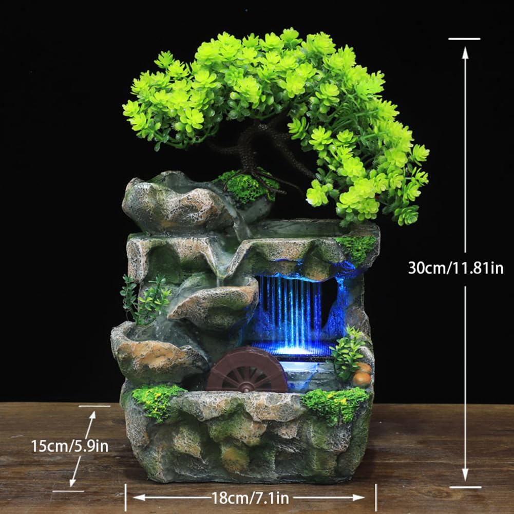 Fuentes de mesa para interiores, cascada de mesa con luces, pequeña fuente de agua de rocalla artificial para decoración de mesa (USB)