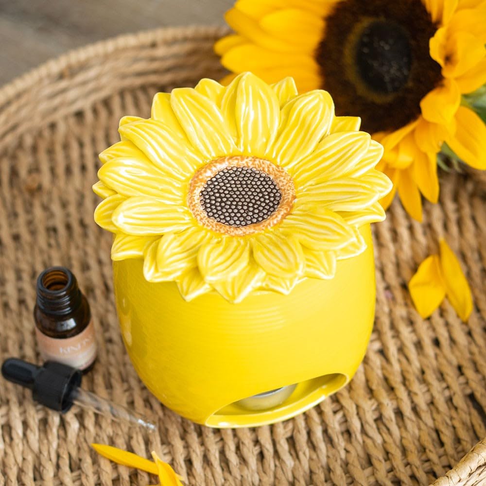 Inevitable Brown And White Ceramic Sunflower Essential Oil Burner And Wax Warmer, Yellow