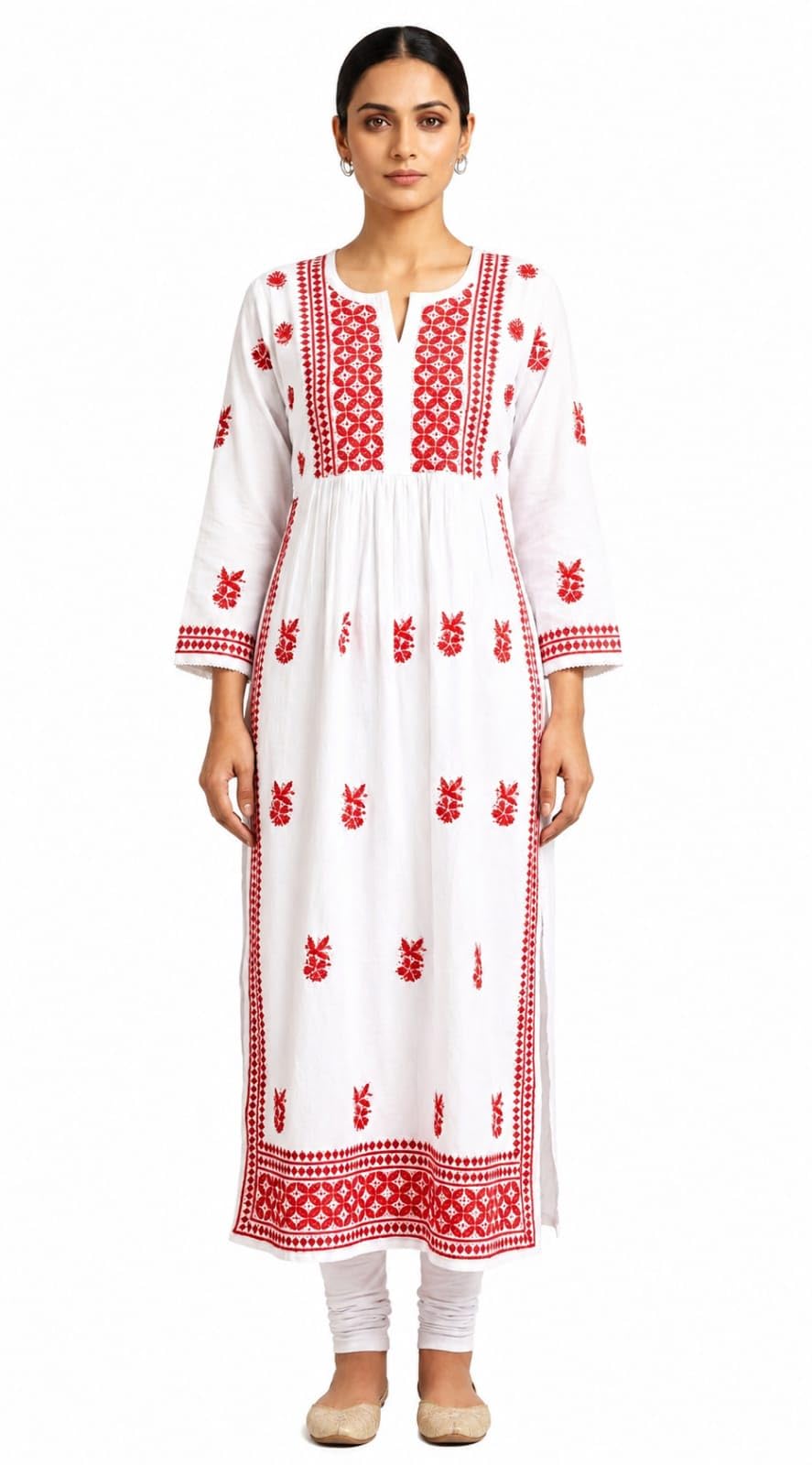 Nayra Cut Gown with Ghaas Patti Hand Embroidery Work, White Cotton Anarkali Dress-image-31