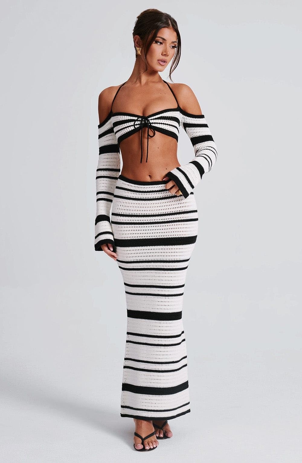 Set Gonna da Donna in Maglia all'Uncinetto in 2 Pezzi Top in Maglia con Volant Gonna Lunga Aderente a Righe Copricostume da Spiaggia Streetwear(Black,S)