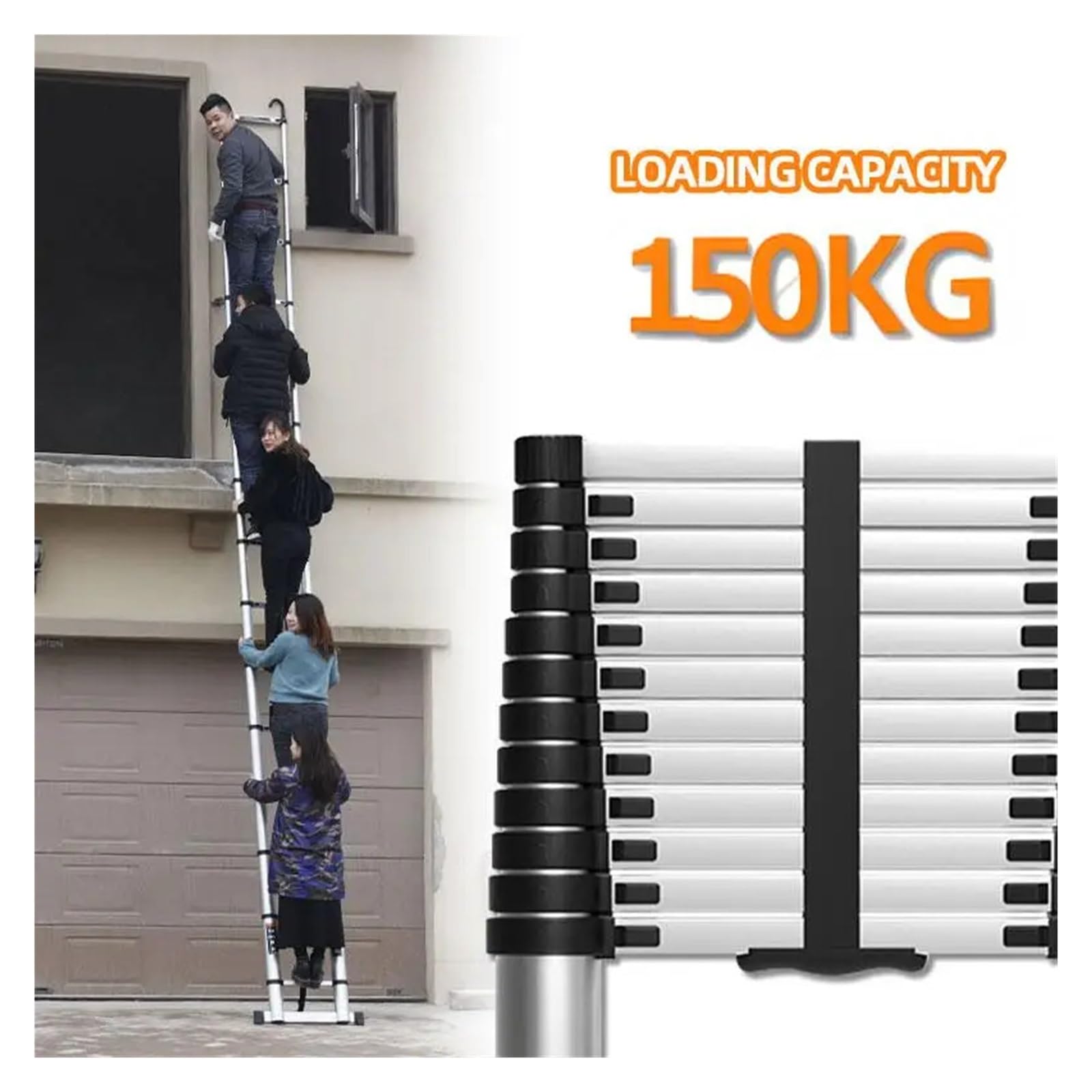 Drabina Teleskopowa. Przedłużająca Stabilny | Przenośne, Standardowe, Zdejmowane Haczyki Ze Stali Nierdzewnej. Nośność 150 Kg(380cm No Hooks)