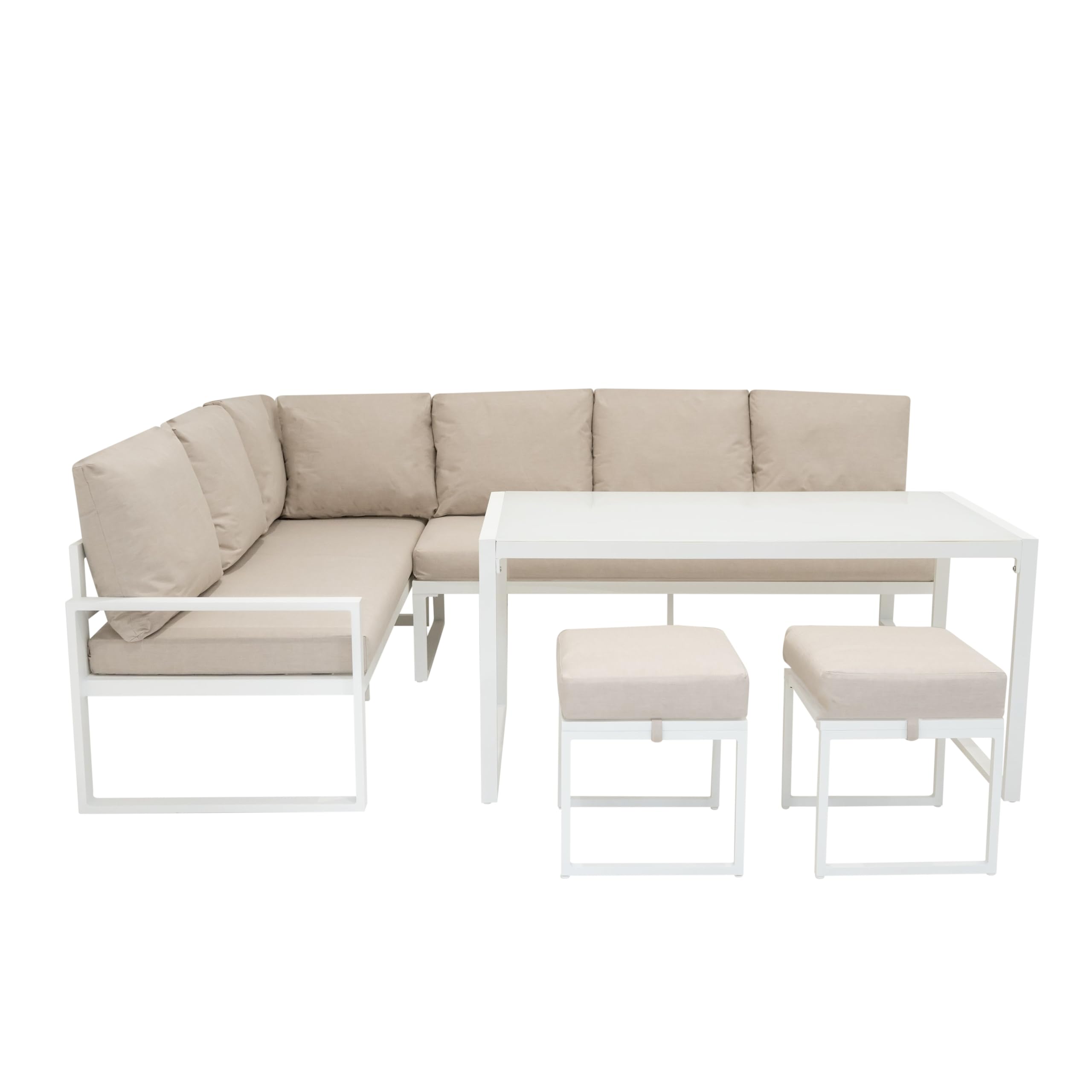 Set Mobili da Giardino in Alluminio 7 Posti Divano Angolare da Esterno con Tavolo da Pranzo in Vetro Temperato e 2 Sgabelli, Cuscini Lavabili, Copertura Impermeabile Inclusa - Bianco