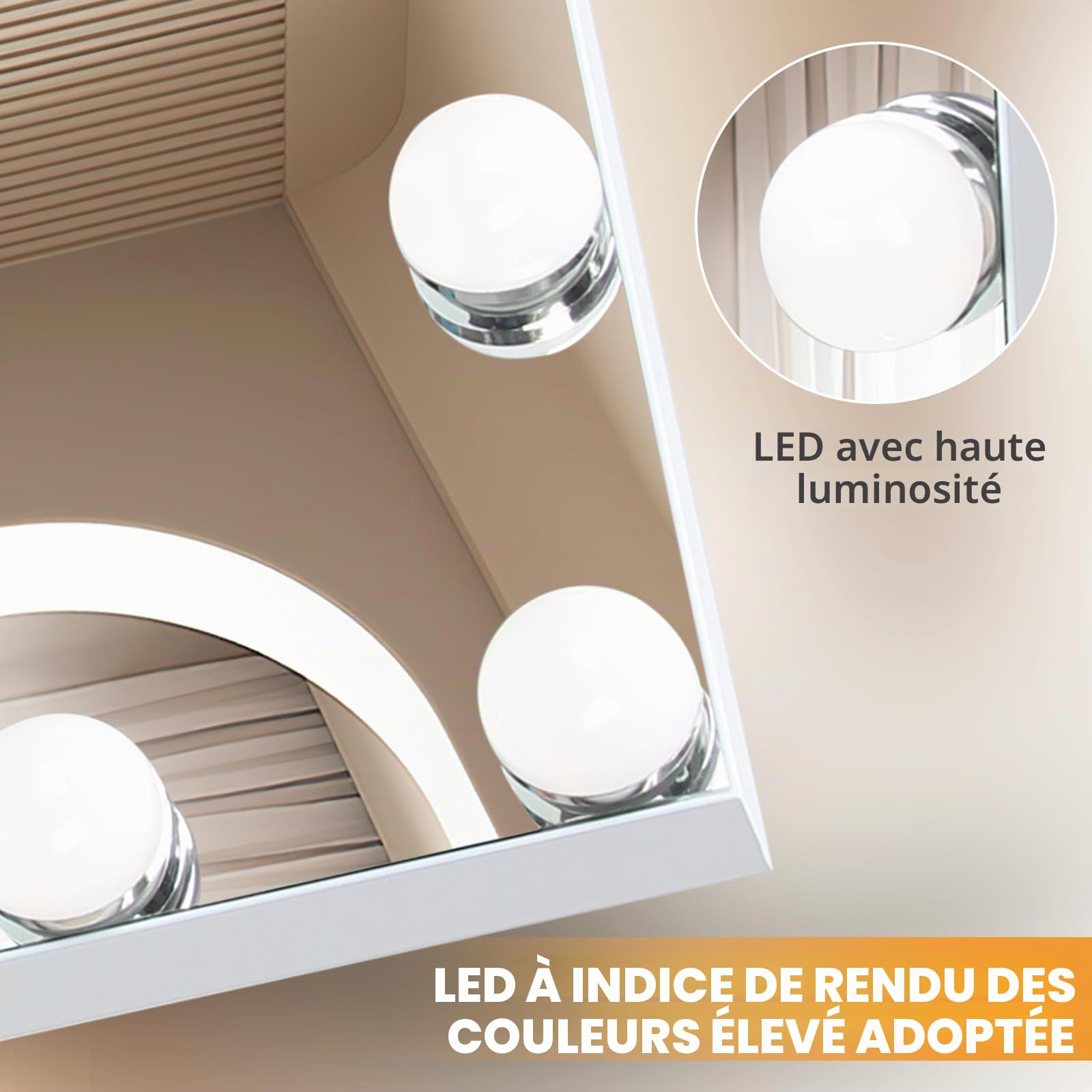 miroir de maquillage avec éclairage LED, 60 x 52 cm, miroir hollywoodien à intensité variable