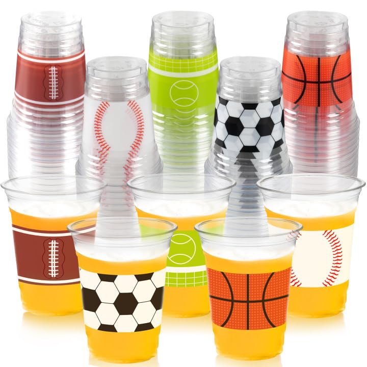 CUPLOOV 50Pcs Sports Party Decoration Cups 12Oz Sports Plastic Disposable Cups for Kids Football Soccer Basketball Baseball Birthday Party Decorations Supplies Favors