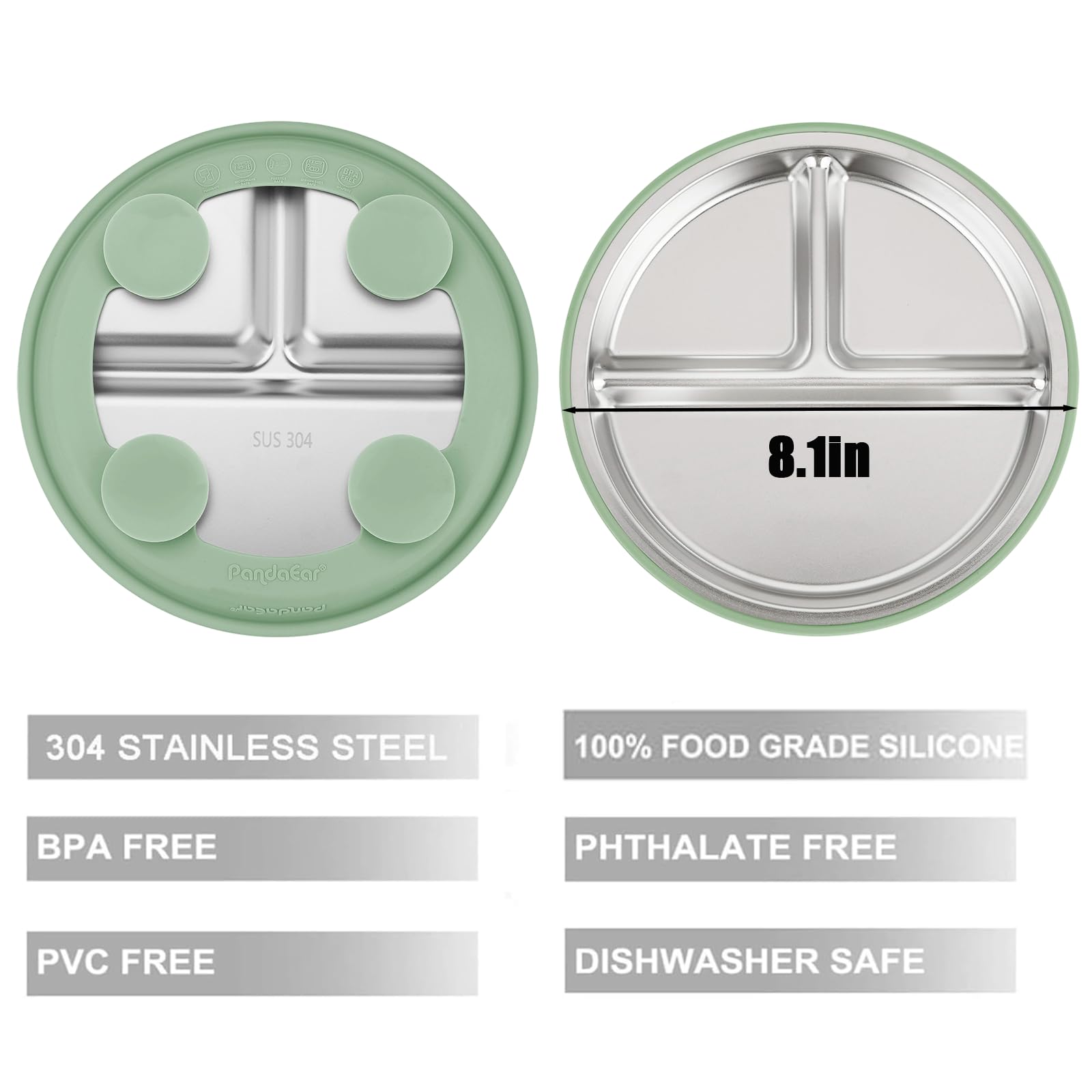 PandaEar Lot De 2 Assiettes Bébé En Acier Inoxydable Avec Ventouse Et 2 Cuillères, Set D’Alimentation Pour Bébé Et Tout-Petit, Assiettes Compartimentées Pour La DME, Sans BPA (Bleu/Vert)
