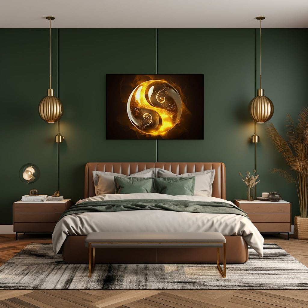 Canvas for Living room. Golden Swirls and Fiery Spheres: A Vision of Yin and Yang in Flames, 27 x 18 inch Canvas Wall Art - Abstract By Atmosphere - Modern Home Decor