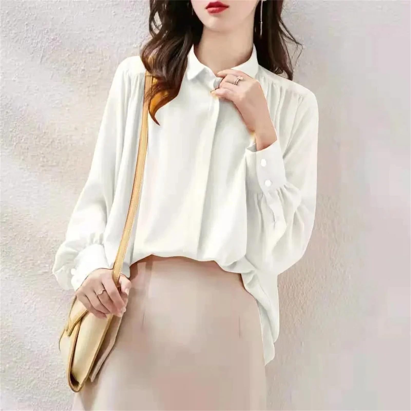 Vogrtcc Camisa de gasa para mujer, de manga larga, para oficina, holgada, con botones, de seda