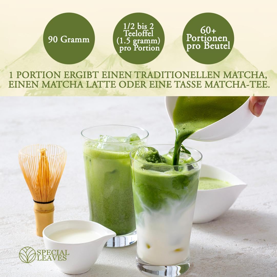 Matcha Pulver & Matcha Besen - 90g -100% Natürlich & Fein Gemahlen Tee und Bambus Besen mit 100 Borsten - Premium Zubehör von Special Leaves