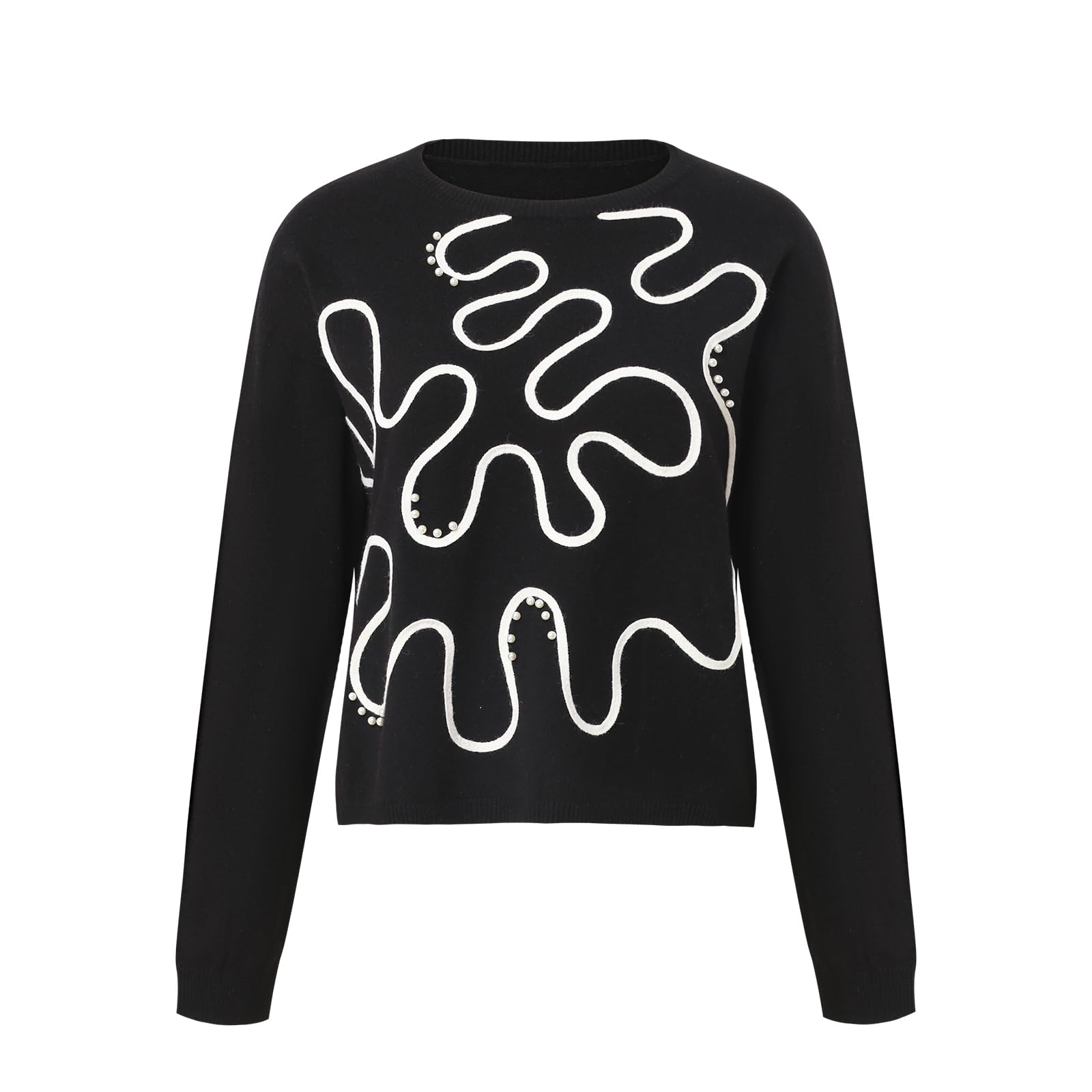 Womens Round Neck Pullover Sweaters Floral Print Long Sleeve Casual Knit Pullover Sweater Tops