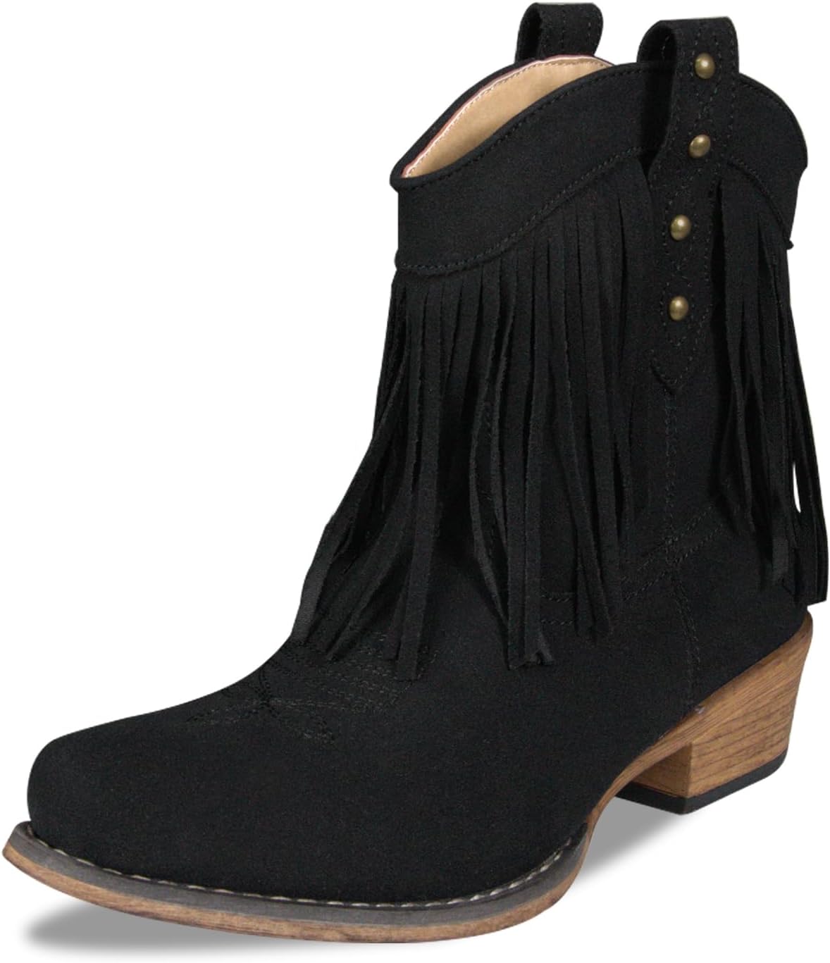 Cowboy Boots for Women Boho Suede Ankle Western Cowgirl Boots Mid Calf Pointed Toe Short Chunky Classic Fringe Booties