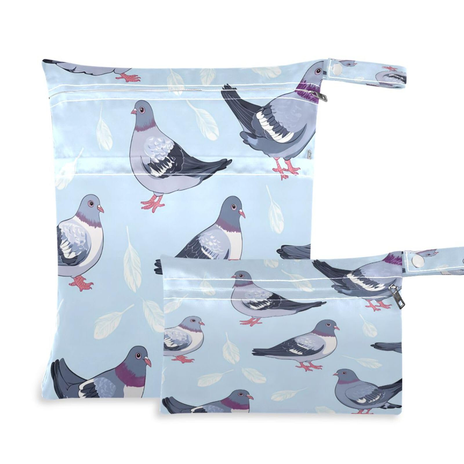 BOESI 2 Piece Wet and Dry Storage Bag, Travel Wet and Dry Bag, Waterproof Reusable, For Travel, Beach, Pool, Diapers, Toiletries, Doodle Dove and Feathers