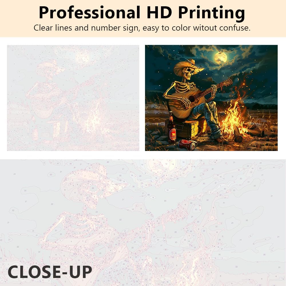 TUMOVO Paint by Numbers for Adults Skeleton Painting by Numbers for Adults Skeleton Playing The Guitar by The Bonfire Adult Paint by Number Kit Unique Gift for Adults - 16"x20", Framed