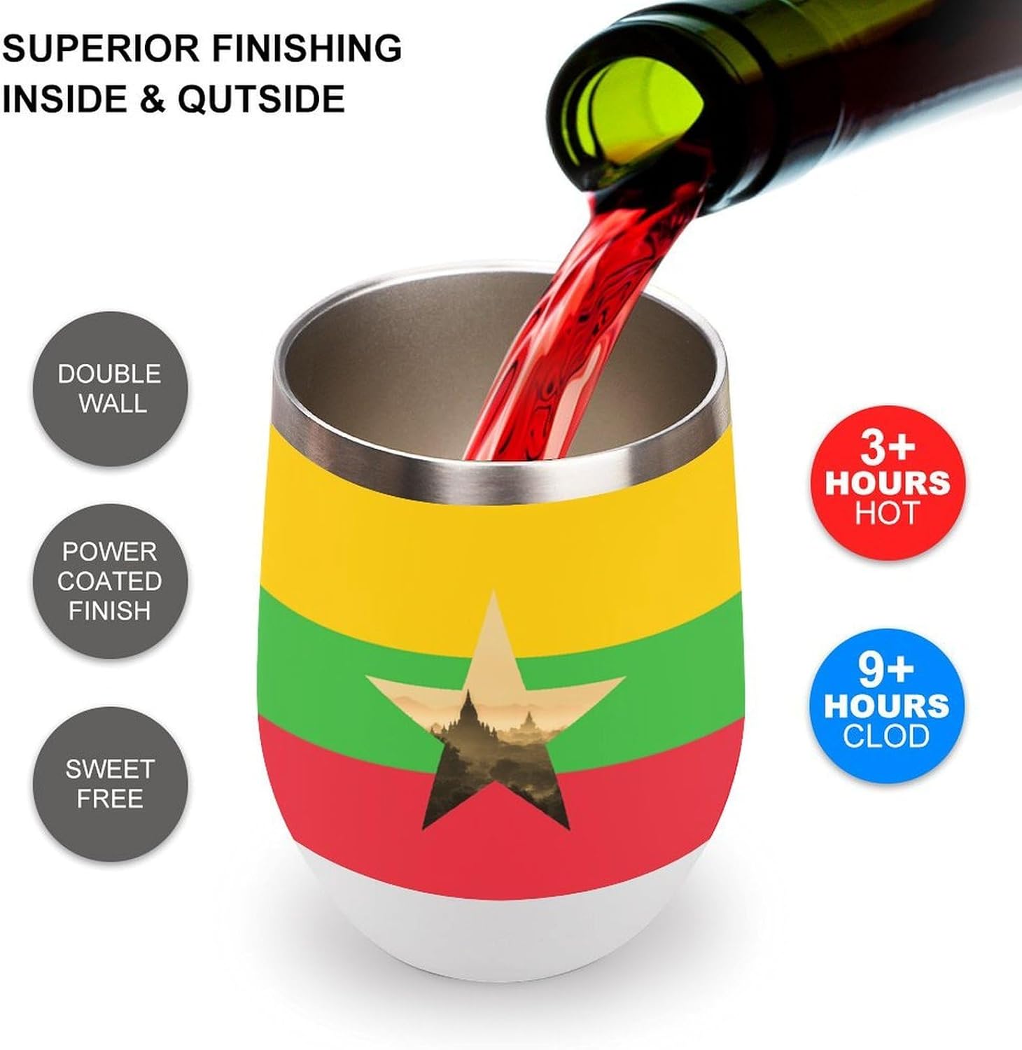 Myanmar Flag Burma Nature Insulated Drinking Cup Stainless Steel Coffee Mug Wine Tumbler with Lid 12OZ