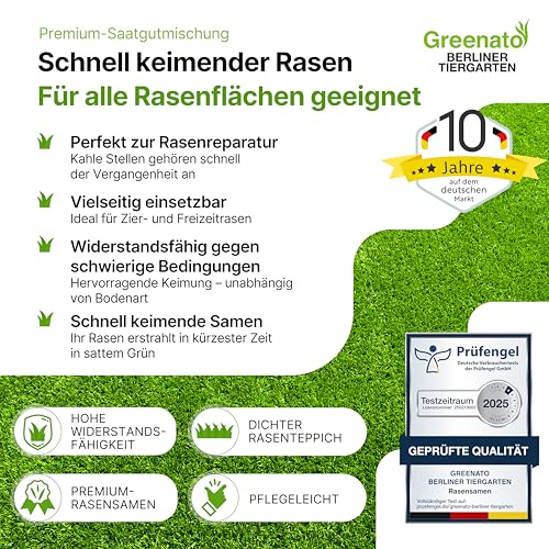 Rasen Nachsaat 1kg Greenato Berliner Tiergarten - schnellkeimend Frühjahr und Herbst Rasenreparatur Turbo Nachsaat Grassamen Schattenrasensamen Rasennachsaat Gras Samen - für 40 m²- 100 m²