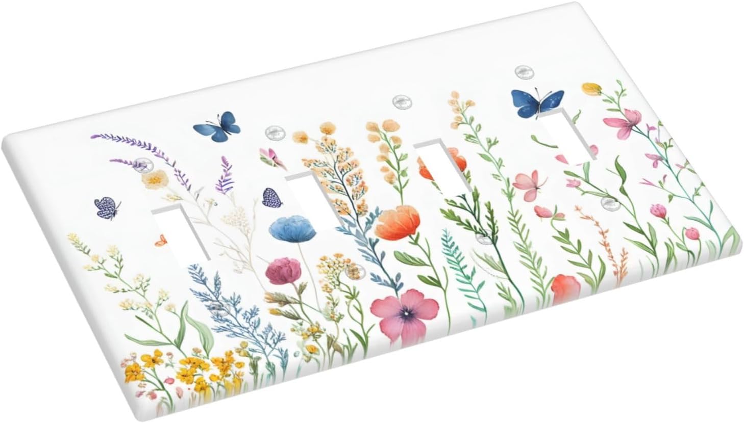 Decorative Light Switch Cover Plate Rustic Wildflower Colorful Floral Plant 4 Gang Wall Plates for Electrical Outlets Quad Toggle Switch Plate Covers Outlet Covers Faceplate for Country Decor