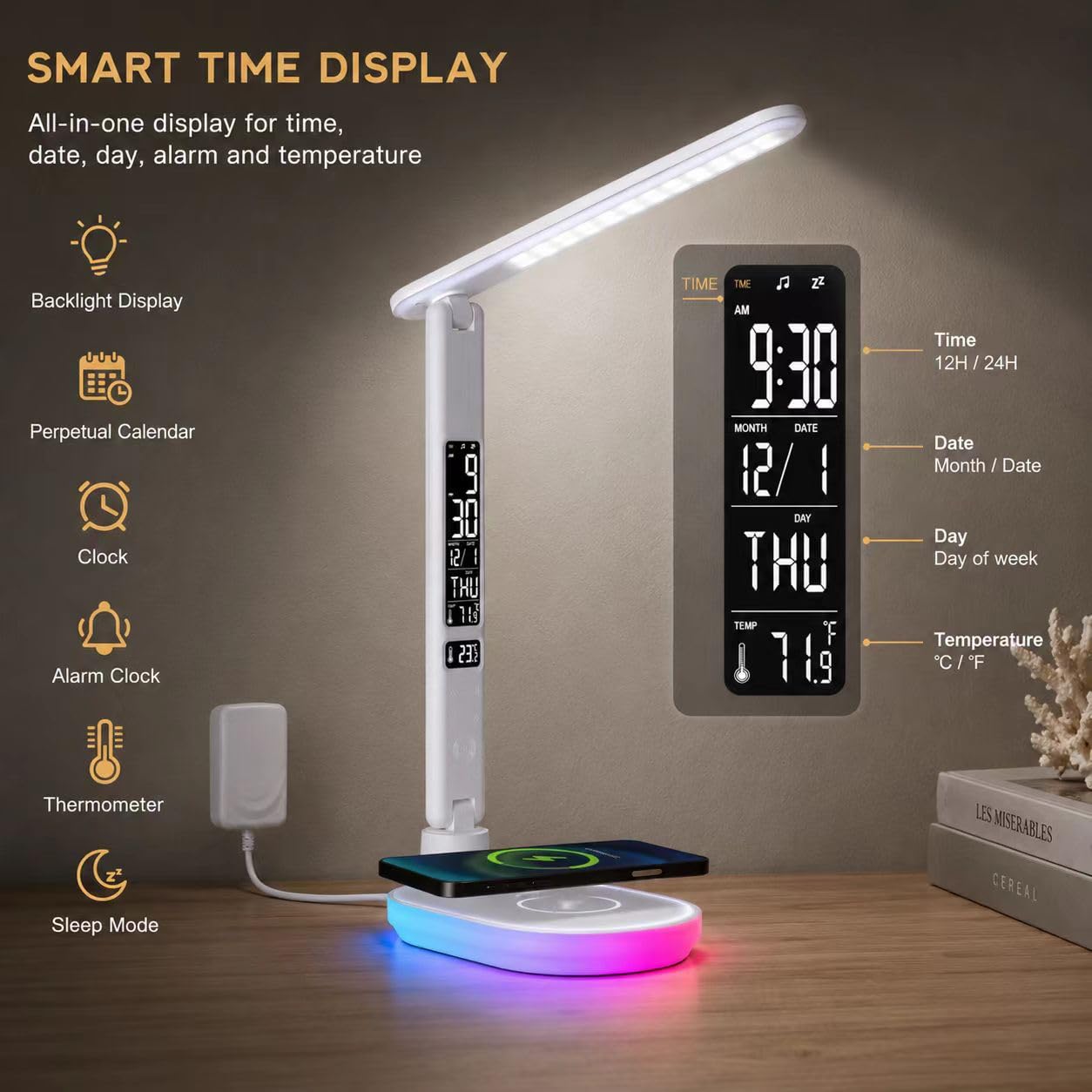 Lampe de Bureau LED 10W Dimmable Tactile avec Chargeur sans Fil, USB, Horloge, Veilleuse Couleur, LCD, Blanc