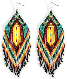 Bohemian Tassel Colorful Beaded Earrings For Women Trendy, Long Fringe Feather Drop Jewelry Handmade Gifts.