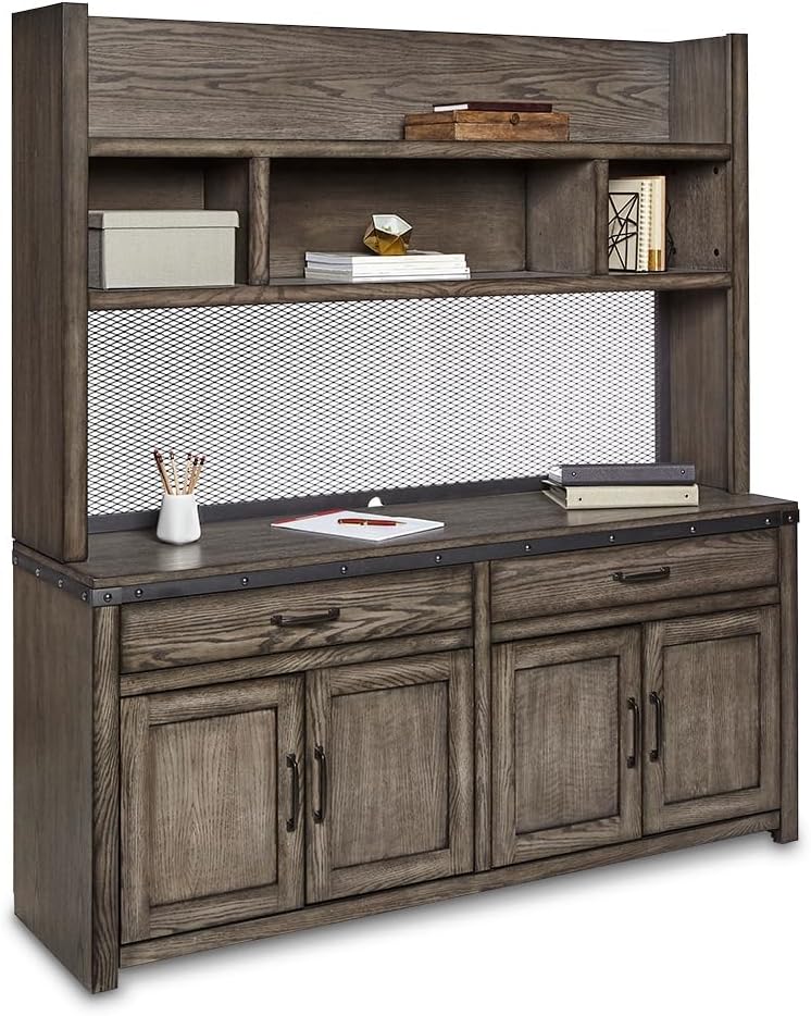 NBF 66" W x 18" D Westgate Four Door Storage Credenza - Cabinet with Doors and Shelves – Rustic Gray Veneer Elegant Office Credenza Cabinet with Metal Accents - Ideal for Living Room, Bedroom