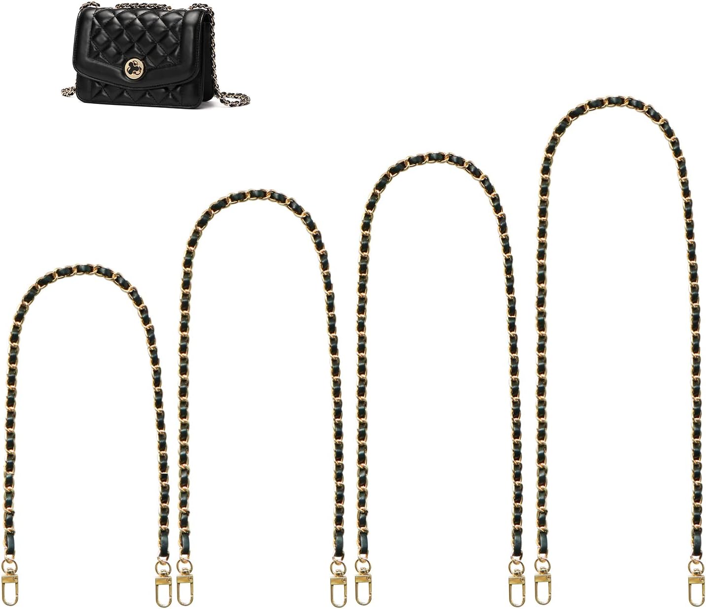 Purse Chain Strap, 4 Pieces Different Sizes Aluminum Flat Replacement Flat Chains, Metal Chain Strap for DIY Purse Handbag Shoulder Crossbody Bag (47.2/39.3/23.6/11.8 Inches) (Black, Gold)