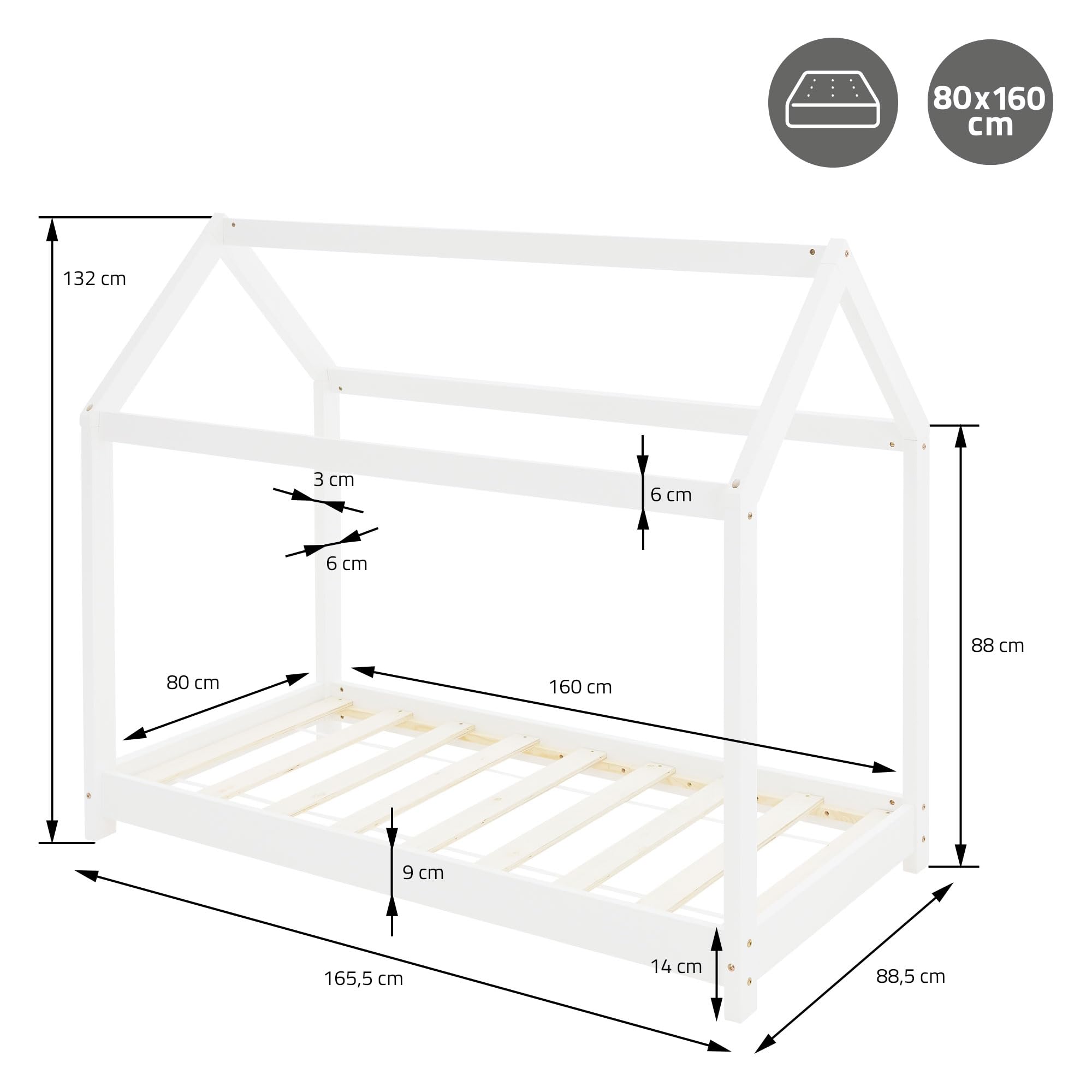 ML-Design Letto a Casetta per Bambini 80 x 160 cm Bianco, in Legno di Pino Massiccio, Forma di Casa con Tetto e Rete a Doghe, Lettino a Terra Stile Montessori per Cameretta dei Ragazzi