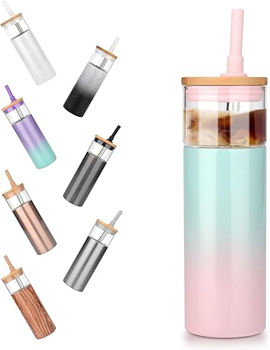 Tronco Vaso de vidrio aislado al vacío de 20 onzas con tapa y pajilla, mantiene las bebidas frías durante 12 horas, vaso de vidrio reutilizable para