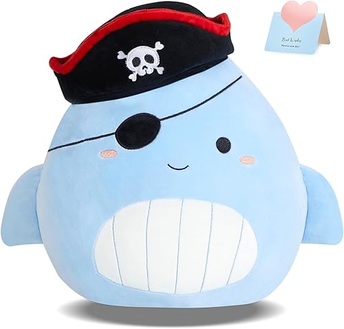 CozyWorld Almohada de peluche de ballena pirata de 14" de animales de peluche originales, peluche lindo y suave para niños y niñas