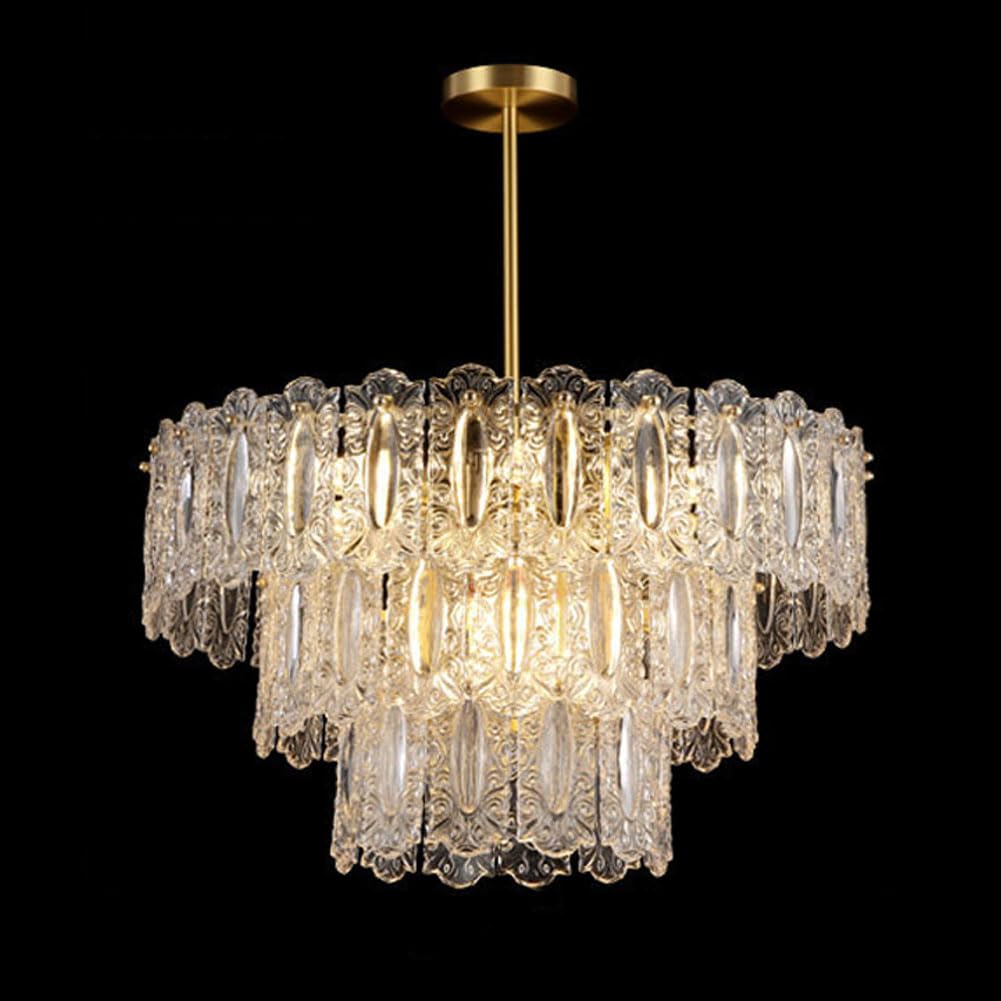KXEcoLife French retro chandelier, hand-carved auspicious clouds glass antique art light luxury bedroom living room dining lamps and lanterns,3 layers 60cm