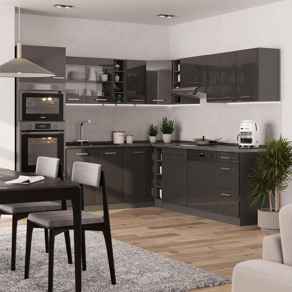 Vicco Cuisine en Angle R-Line Anthracite Haute Brillance 247x46cm sans PT