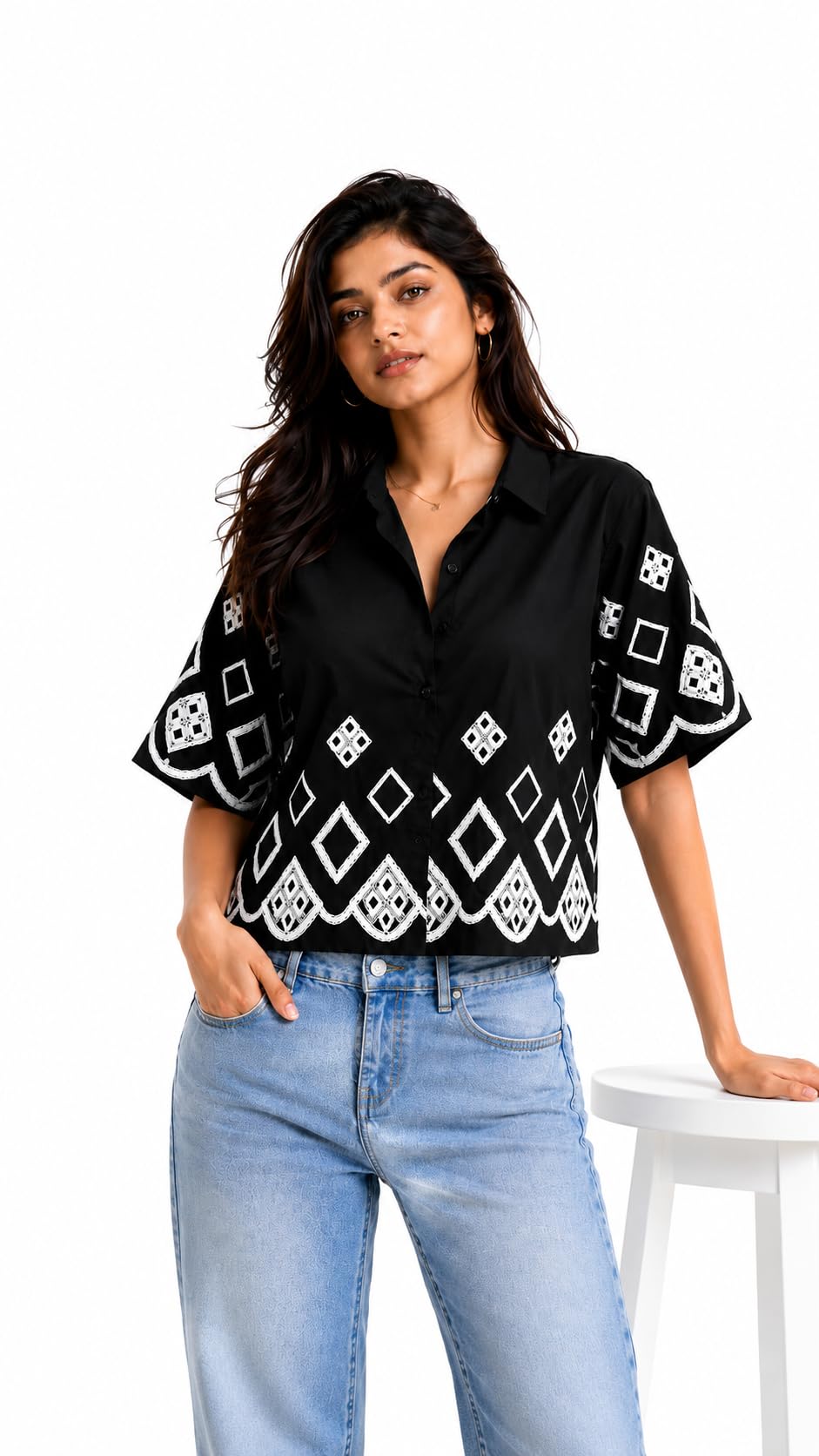 Women's Black Cotton Embroidered Crop Shirt-picture-20